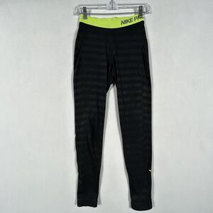 Nike Pro Compression Pants Women’s Small Black Neon Yellow Band Run Gym Athletic
